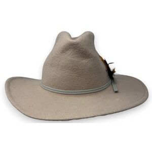 Rockmount Ranch Wear Cowboy Hat Mens Small Tan Beige Wool Felt Feather Western